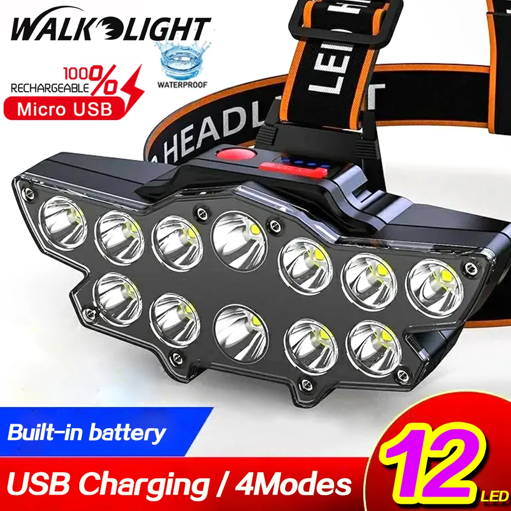 

Мощный перезаряжаемый налобный фонарь, суперъяркий водонепроницаемый головсветильник светильник для кемпинга, походов, 12 светодиодов