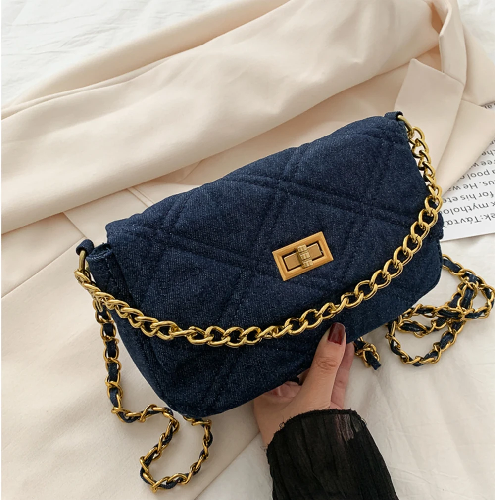

Denim denim with thick chain trend all-match ladies denim messenger bag
