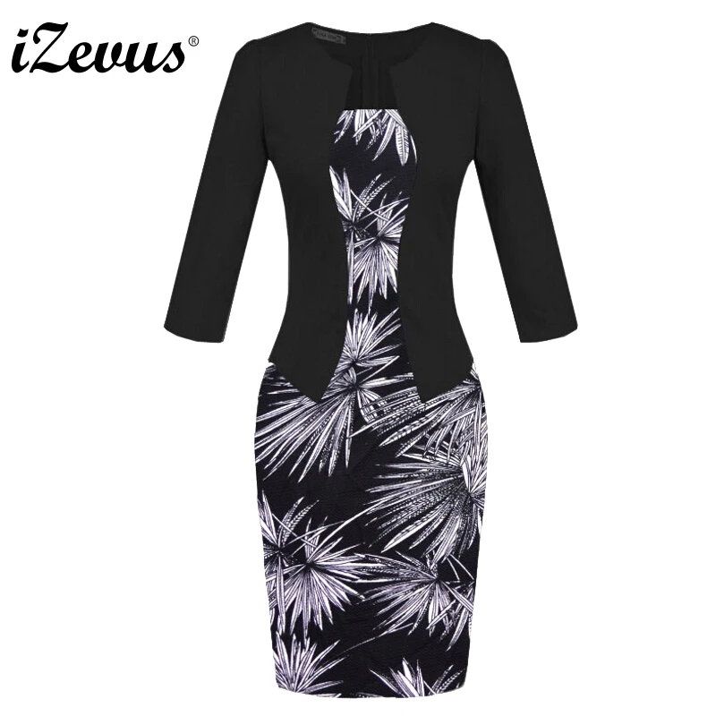 

Женское платье-карандаш IZEVUS с рукавом 3/4, облегающее элегантное лоскутное платье с принтом и искусственной курткой, цельное облегающее плат...
