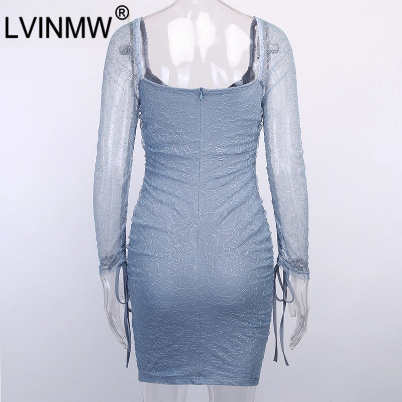 LVINMW сексуальное синее Сетчатое мини платье с v образным вырезом и длинным рукавом