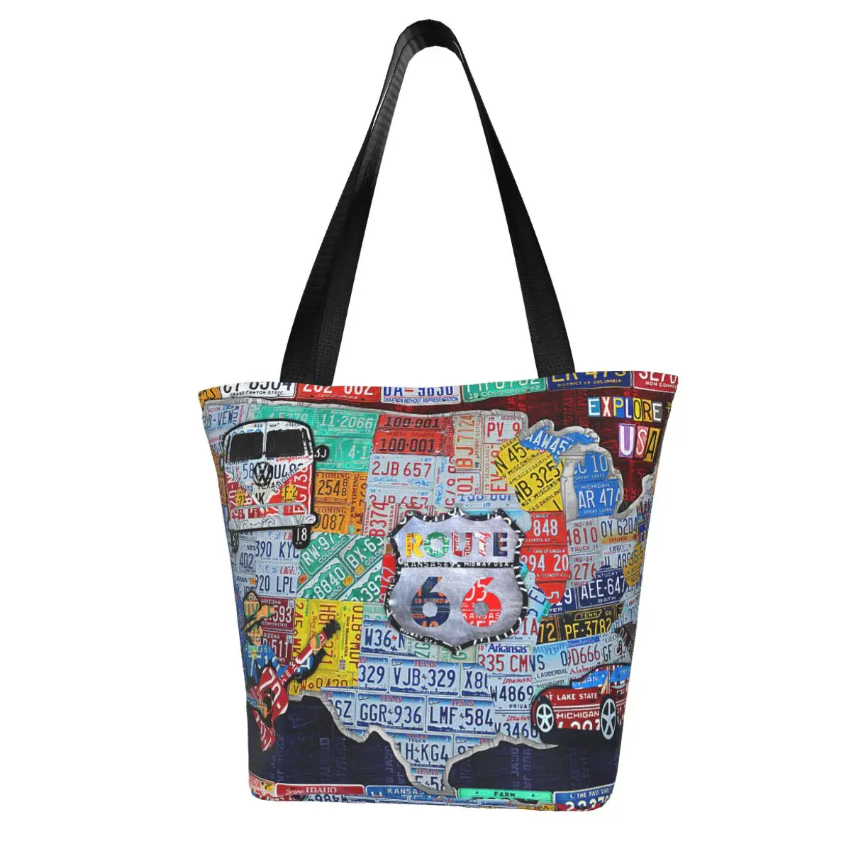 Explore The USA License Plate Art And Map Travel Collage Shopping Bag Aesthetic Cloth Outdoor Handbag Female Fashion Bags