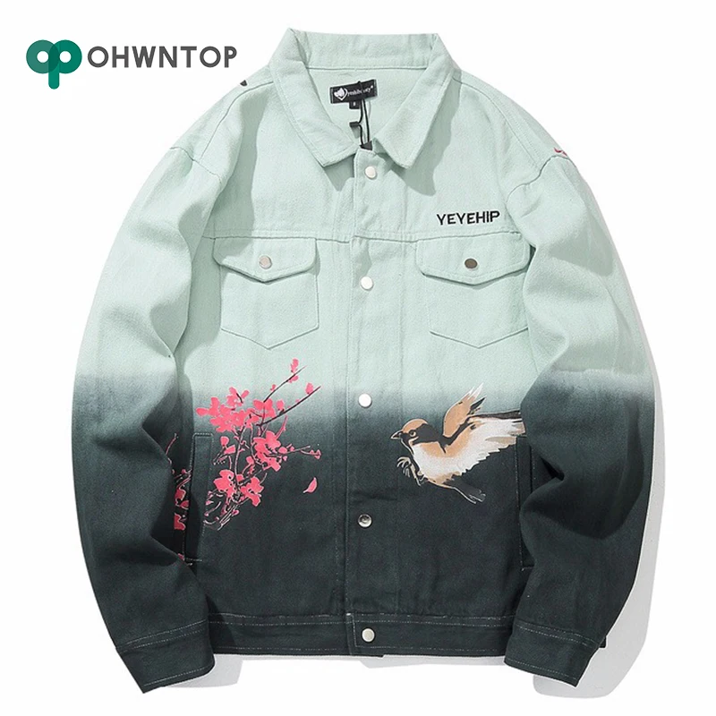 Хип Хоп Уличная джинсовая куртка для мужчин с цветком птичка джинсовое пальто