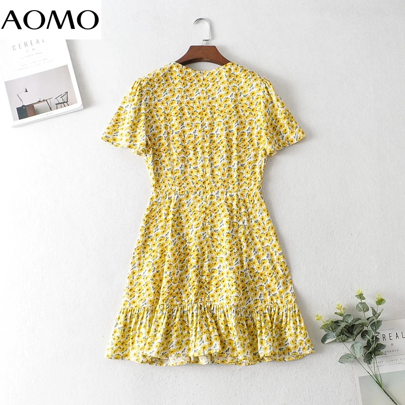 

AOMO 2020 summer fashion women yellow flowers print viscose dress v neck short sleeve ladies A-line dress JA129A