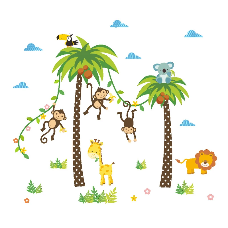 

Giraffe Lion Monkey Palm Tree Forest Animals wall stickers for kids room Children Bedroom Wall Decals Nursery Decor Poster Mural