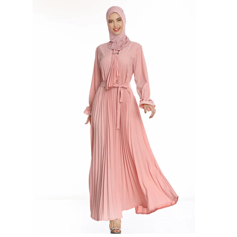 Elegante Muçulmano Plissado Árabe Vestido Maxi Abaya Hijab Cardigan Quimono Longo Robe Mubarak Vestidos Eid Ramadan Islâmico Femme Djellaba