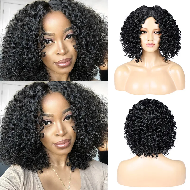 

13 Inch Ladies Short Black Curly Synthetic Wig Middle Part For Women Heat Resistant Fiber Wigs Daily Party Use