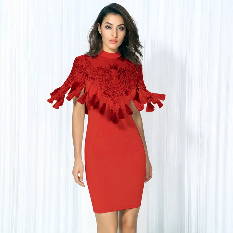 

Черное Красное пикантное платье с кисточками и v-образным вырезом, женское платье миди, элегантное Бандажное платье для ночного клуба, знаме...