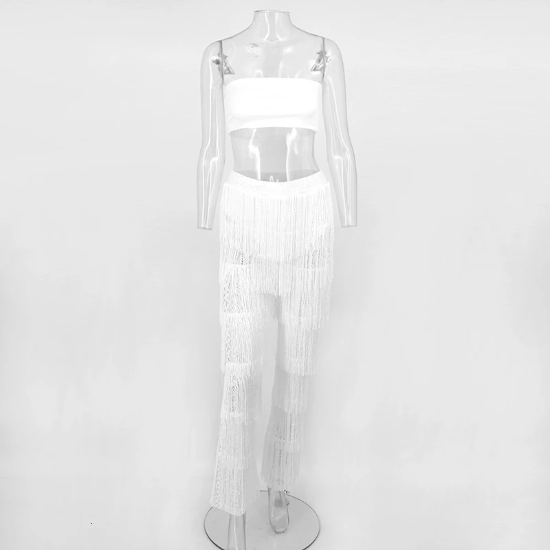 Bandage Women Set Sleeveless White Two Piece Set Top And Pants 2 Piece Set Women Chiffon Tassel Two Piece For Women Fringe Sets