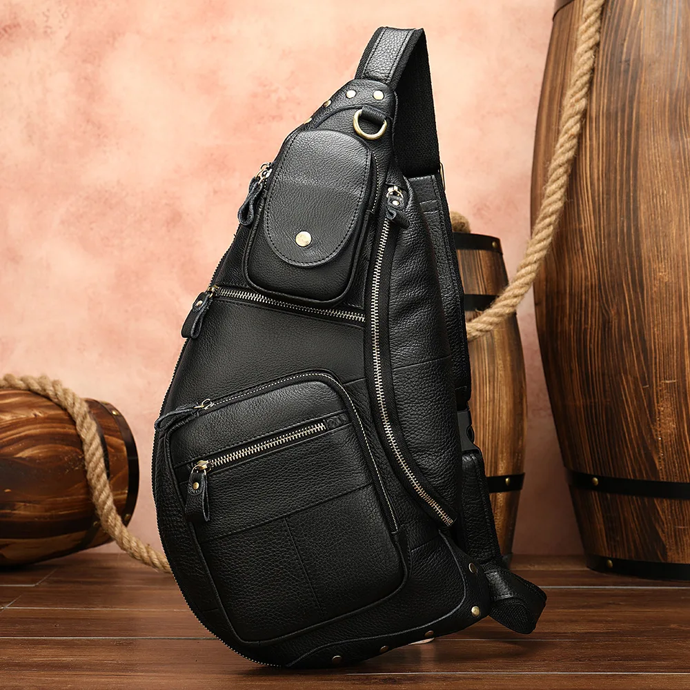 MVA Fashion Men Shoulder Bags Half Moon Chest Bag Genuine Leather Satchel Large-capacity Phone Pack Power Bank/iPad Wallet Bag