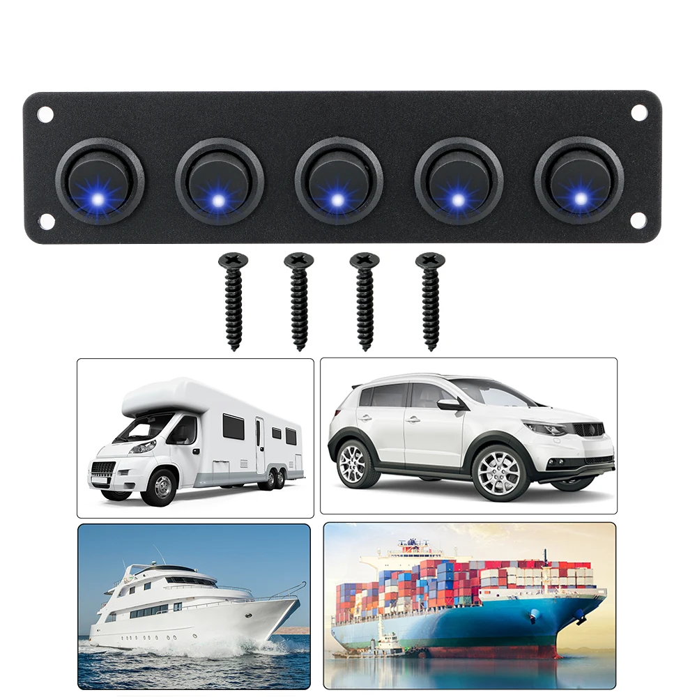 

12-24V Round Dash Rocker Toggle Switch Panel for RV Boat Yacht MarineCar Marine Waterproof Outlet Combination 5 Gang Blue LED