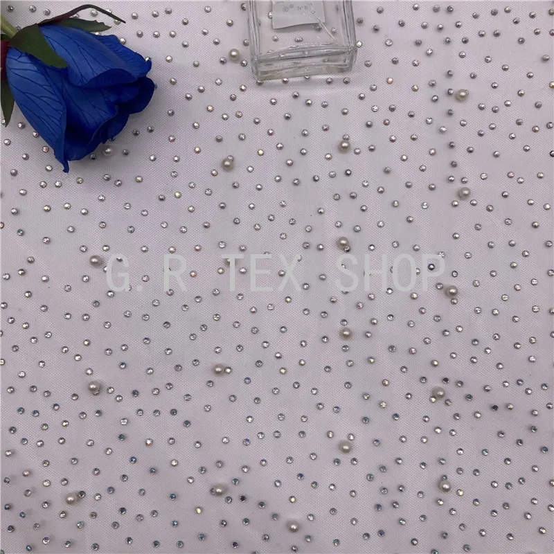 

2 meters of Hand Made Mesh with Diamond and Pearl tulle fabric