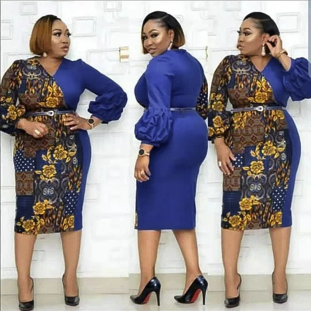 

Summer Autumn Africa Clothing Long Sleeve Dress African Dresses For Women Sexy V-Neck Perspective Slim Dress Office Lady Party