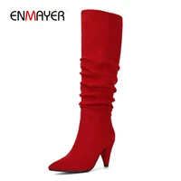enmayer winter knee high boots women pleated spike heels long boots pointed toe high heel shoes ladies shoes women boots