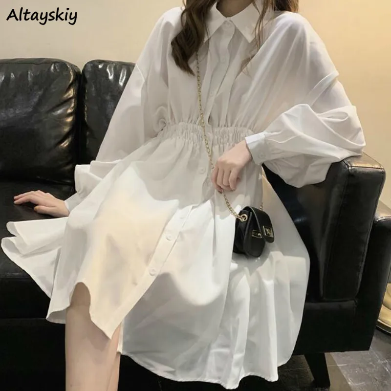 

Long Lantern Sleeve Dress Women Pleated Solid Elegant Korean-style Dresses Female Lovely Girls High-waist Loose Fashion Vintage
