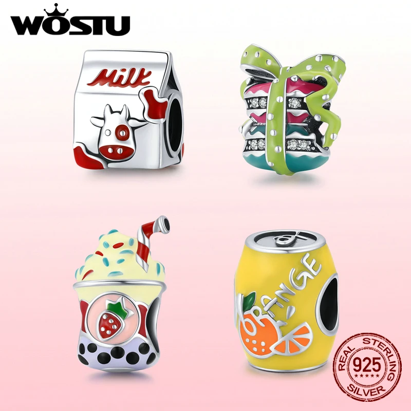 

WOSTU Genuine 925 Sterling Silver Enamel Mini Milk Ice Cream Bead Charm Pendant Fit Bracelet Bangle Women DIY Fine Jewelry Gift
