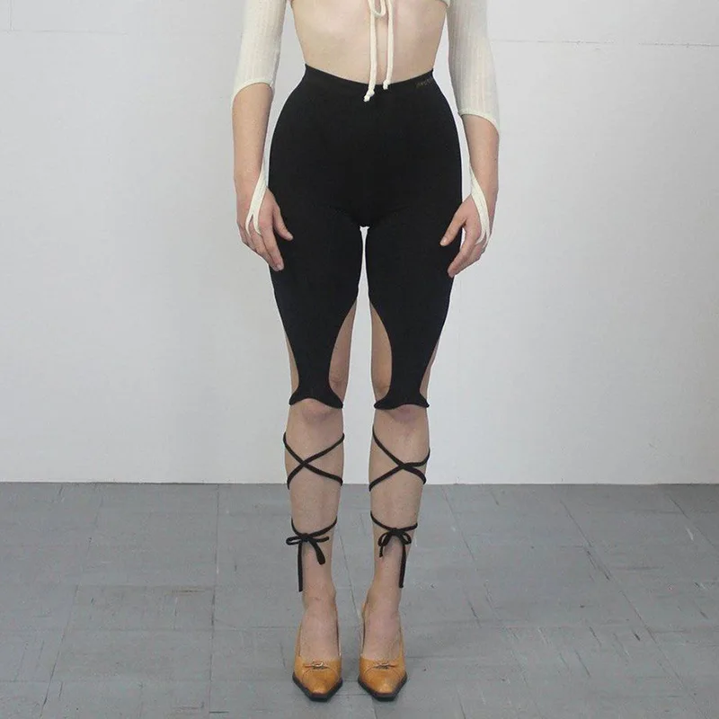 

Fashion 2021 New Style Knee Length Sexy Strappy Casual High Waist Pants Unique Leggings Black Purple Casual Female Trousers Sexy