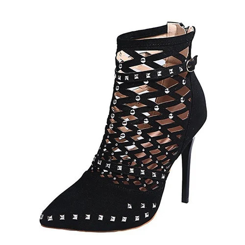 

Women's Hollow Out Ankle Boots Women Pointed Toe Rivet High Heels Woman Buckle Pumps Ladies Zip Shoes Female Footwear Big Size