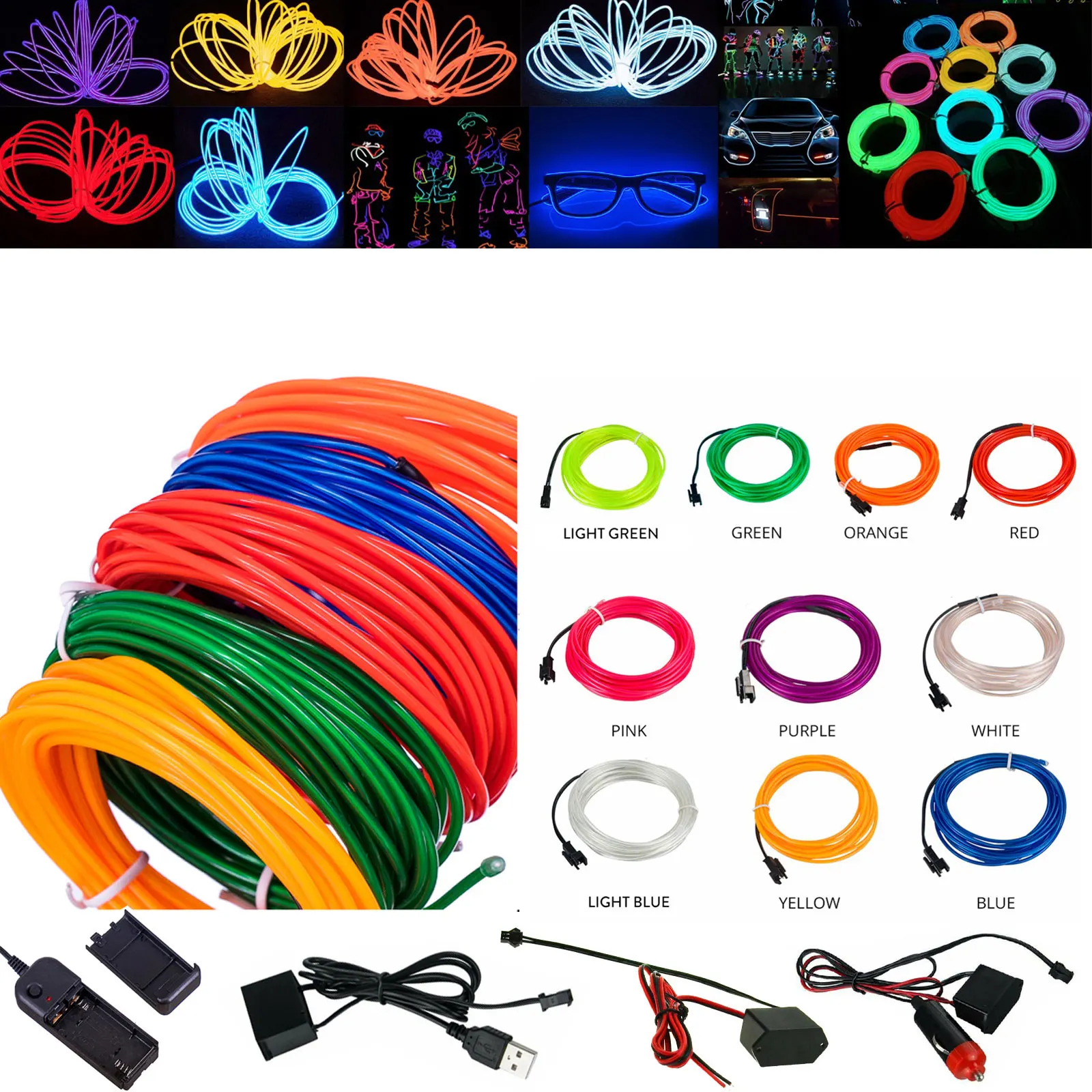 

3V Battery Operated 5V USB 12V 1M-5M Neon Glow EL Wire Rope with Adapter Flexible LED Strip for Car Party Dance Atmosphere Decor