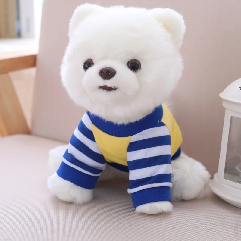 

Lovely Dog Plush Toy Pure White Blue Stripe T-shirt Dressed Pomeranian Doggy Stuffed Animal Pets Toy Plush Puppy Kids Gift