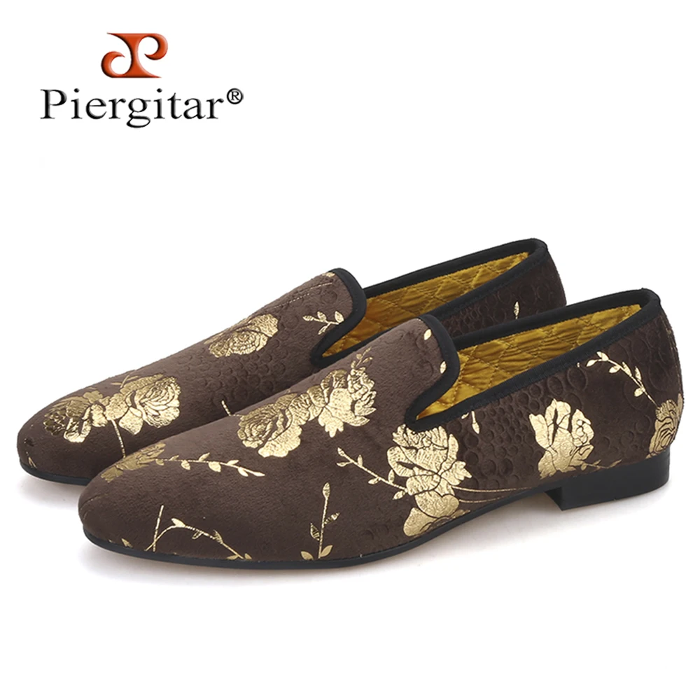 Piergitar/Новые модные золотистого цвета с цветочным принтом Обувь без шнуровки на