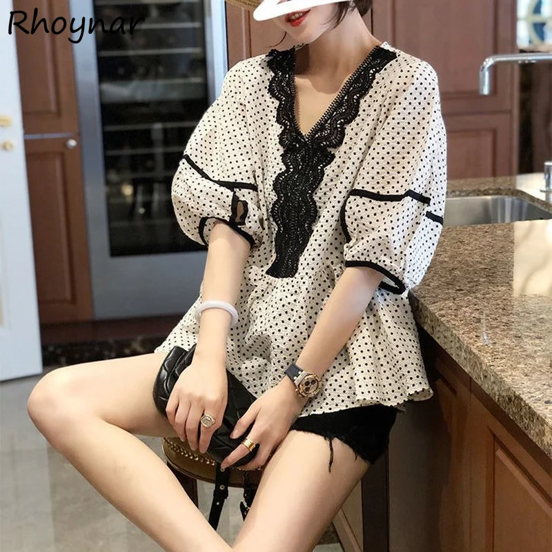 

Blouses Women Puff Sleeve Elegant Deep V-neck Lace Vintage Polka Dot Tops Summer Casual Office Lady Streetwear All-match Loose