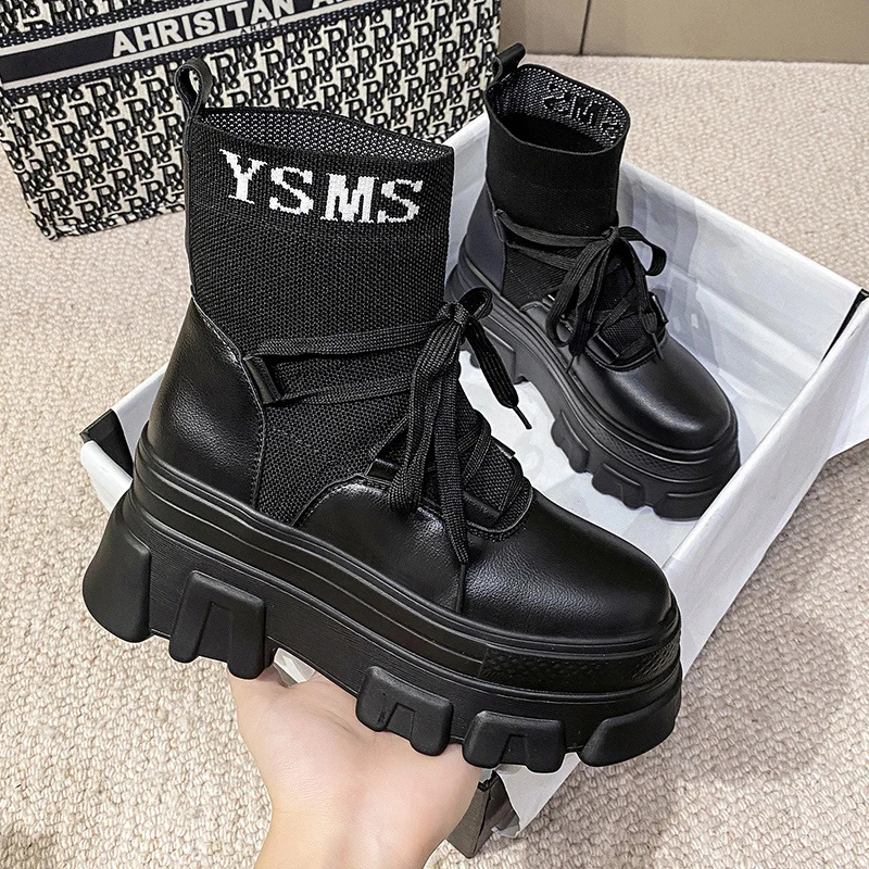 

Women Black Leather Boots 2021 Chunky 8CM Heels Sneakers White Motorcycle Boots Stretch Sock Booties Platform Warm Shoes Woman