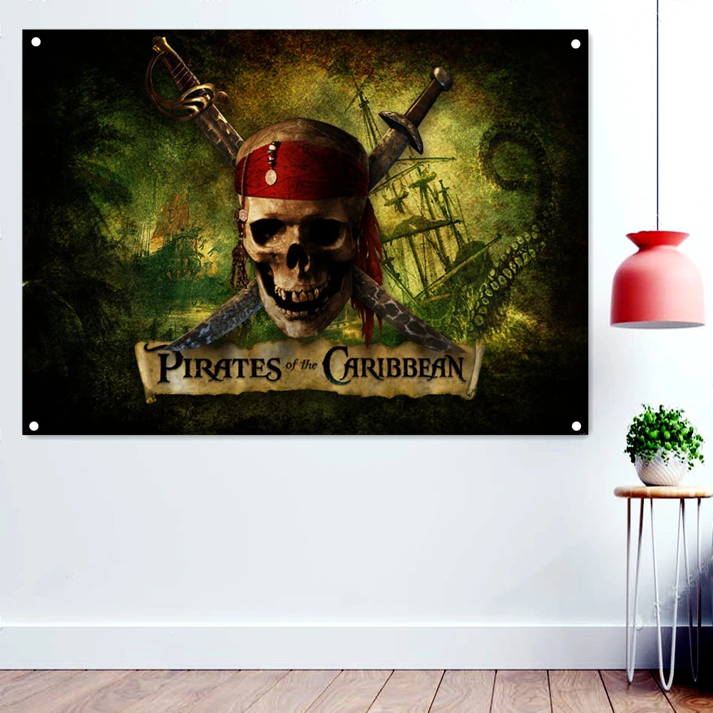 

PIRATES OF THE CARIBBEAN Flags Captain Movie Poster Canvas Painting Vintage Pirate Banner With Four Metal Buckle Wall Decor