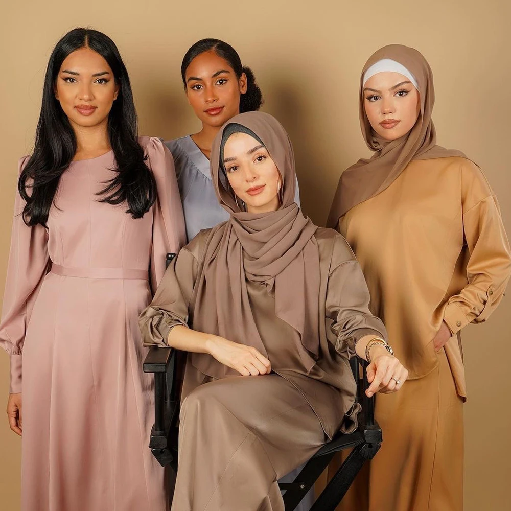 

Siskakia мусульманский женский костюм из двух предметов, однотонный Атласный топ с длинными рукавами + широкие брюки Дубай, Турция, арабский Ома...