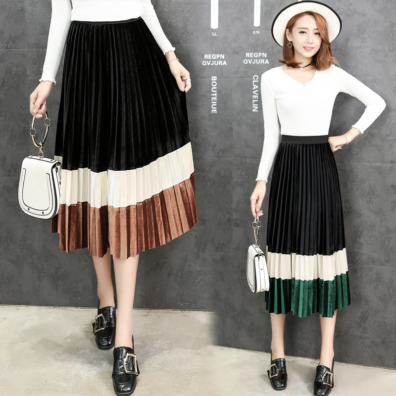 

Vintage velvet skirts women autumn winter high elastic waist long pleated skirts ladies casual patchwork velvet party skirts