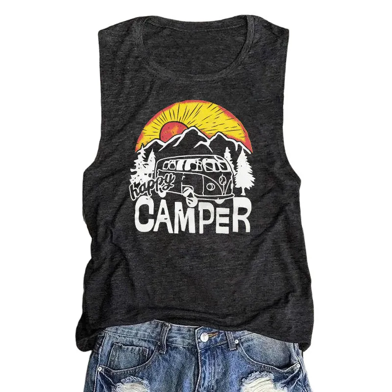Женский Повседневный жилет с надписью Happy Camper Mountains Sunset Car летняя уличная майка