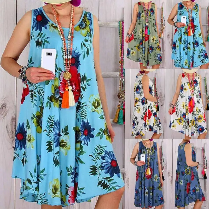 

Women Sleeveless Floral Print Summer Beach Swing Loose Vest Dress Plus Size D08E