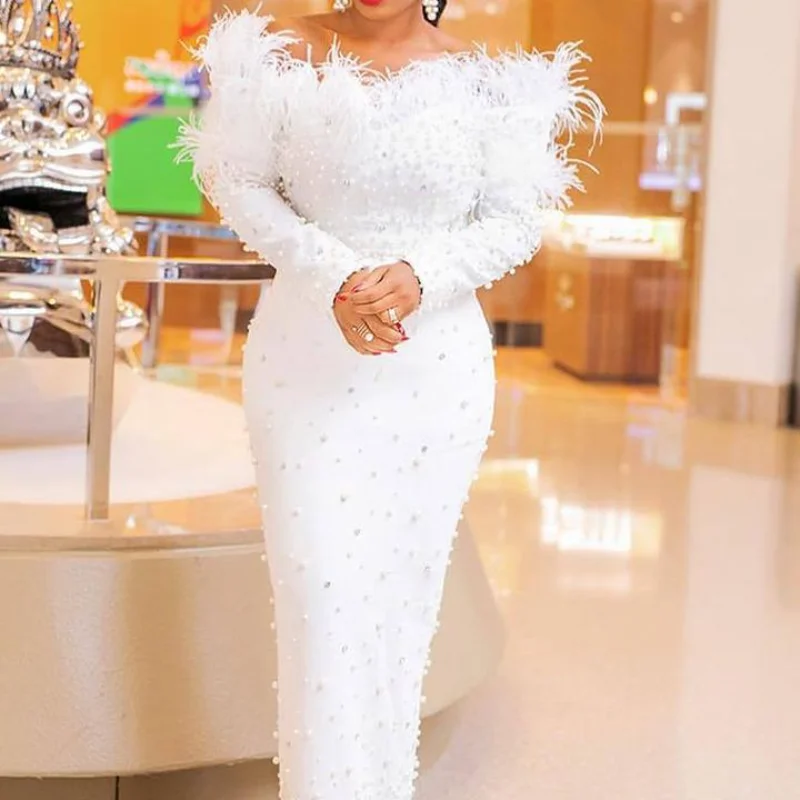 

Luxury Party Elegant Woman Feather Evening Dress Long Sleeve Pearl Mermaid 2022 Gown Dresses Formal Partie Prom