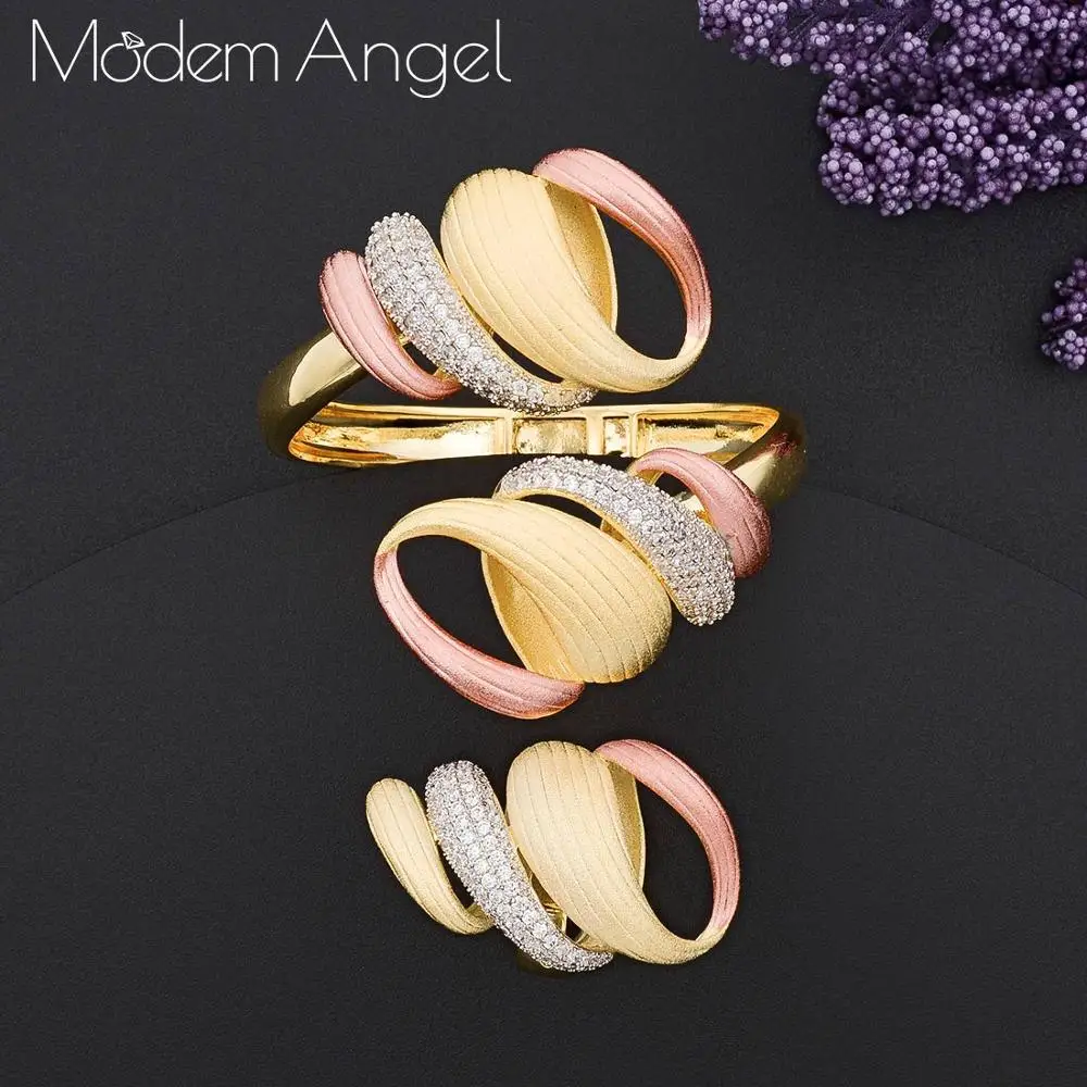 Three colors ModemAngel Роскошные преувеличенные линии 3 тон нигерийский браслет кольцо Ювелирные наборы для женщин Свадебные Циркон Кристалл CZ индийский свадебный еврей - Окраска металла: Three colors