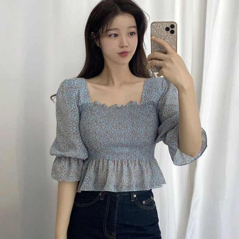

Women's Floral Print Square Collar Sweet Long Sleeve Chiffon Shirt Blouse