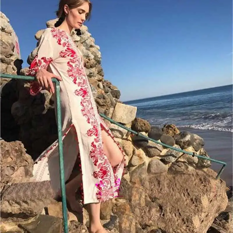 Женское длинное платье с цветочной вышивкой TEELYNN Boho повседневное белое прямое