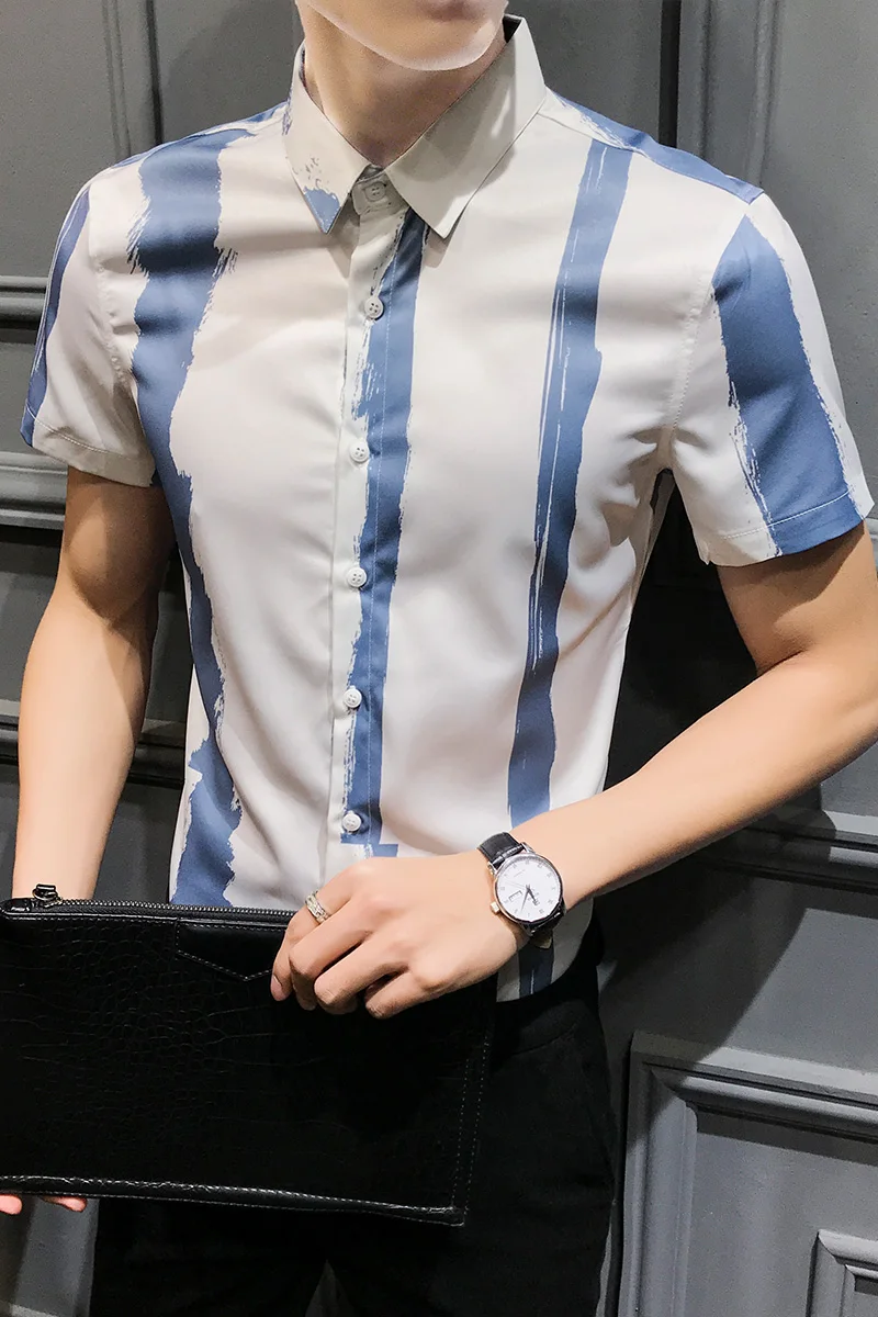 Рубашка мужская приталенная в полоску модная сорочка с коротким рукавом