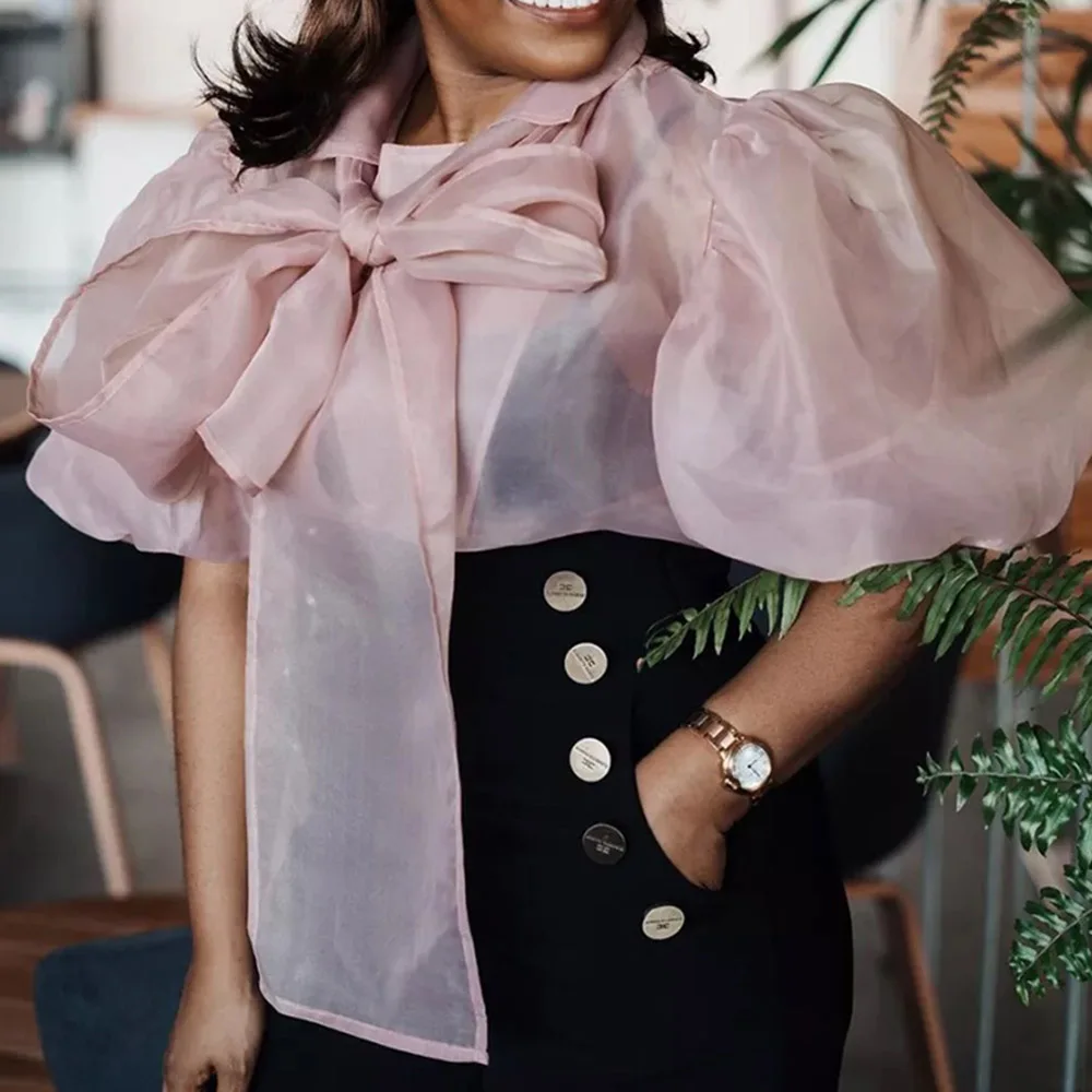 Блузка женская розовая с бантом большого размера в африканском стиле 2020 летняя