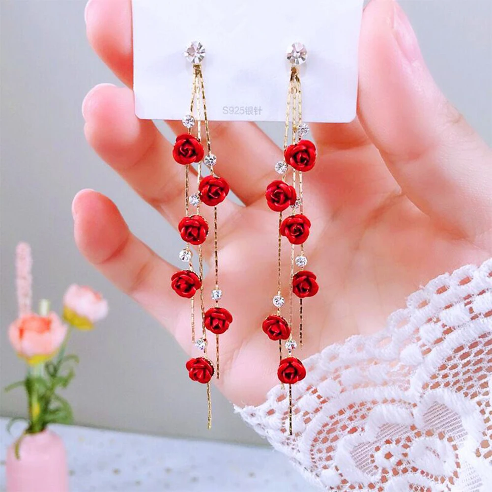 

Hot Rose Petal Drop Earrings for Women Bijoux Blue White long tassel Dangle Earrings Weddings Party Jewelry Accessories Gift