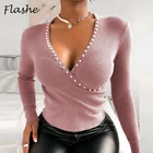 Футболка женская однотонная с запахом, V-образным вырезом и бисером, Приталенный топ в рубчик, с длинным рукавом, в стиле пэчворк, весна-осень