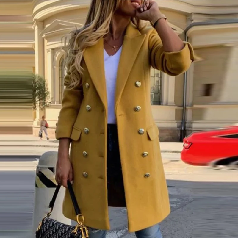 

Women Double-Breasted Lapel Slim-Fit Windbreaker Jacket Fall Winter Fashion Street Solid Overcoat Casual Long Sleeve Pocket Coat