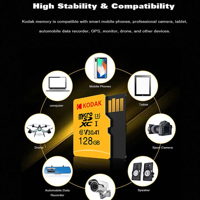 Карта памяти Kodak 256 ГБ 128 64 U3 32 карта Micro sd Class10 флеш для Microsd TF/sd s планшета 512 ГБ|Карты