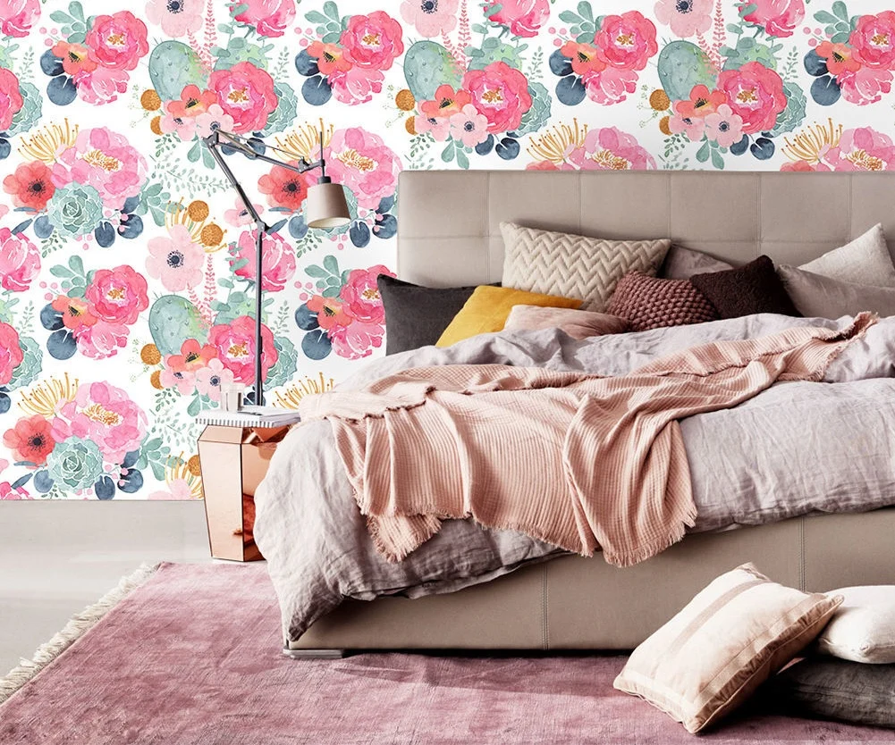 

Pink Watercolor Pattern PVC Self Adhesive Wallpaper Waterproof Peel and Stick Wall Mural for Bathroom Decor Furniture Renovation