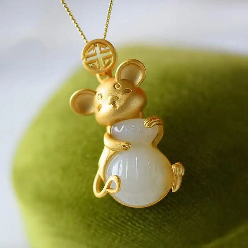 

2020 New Hotian Jade Pendant Birth Year Golden Rat Hug Lucky Bag Fashion Necklace Money Drawing and Luck Changing Female