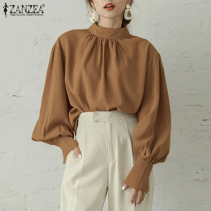 

ZANZEA Stylish Long Puff Sleeve Blouse Women Elegant Office Shirt Vintage O Neck OL Chemise Femme Clothing Tunic Tops Oversized