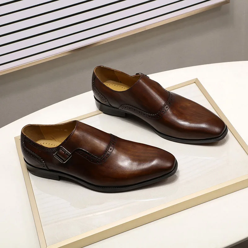 

FELIX CHU Men Dress Shoes Plain Toe Genuine Leather Brown Hand Painted Buckle Monk Strap Business Office Mens Formal Suit Shoes