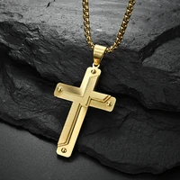 european and american titanium steel 18k gold plated two color pattern three layer cross pendant necklace for men women