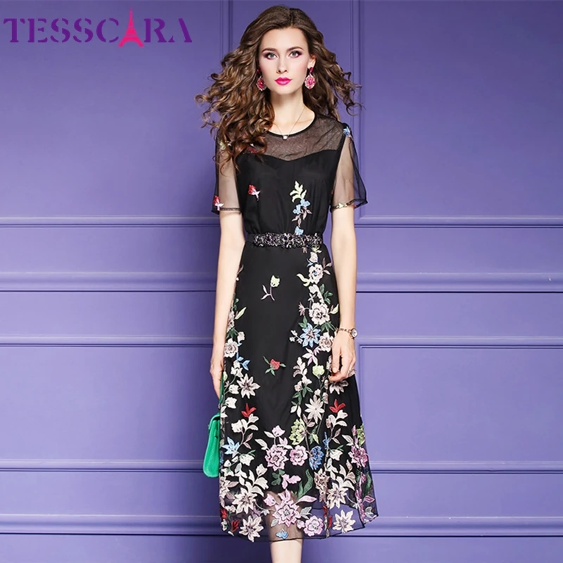 Женское длинное Сетчатое платье TESSCARA дизайнерское элегантное с цветочной