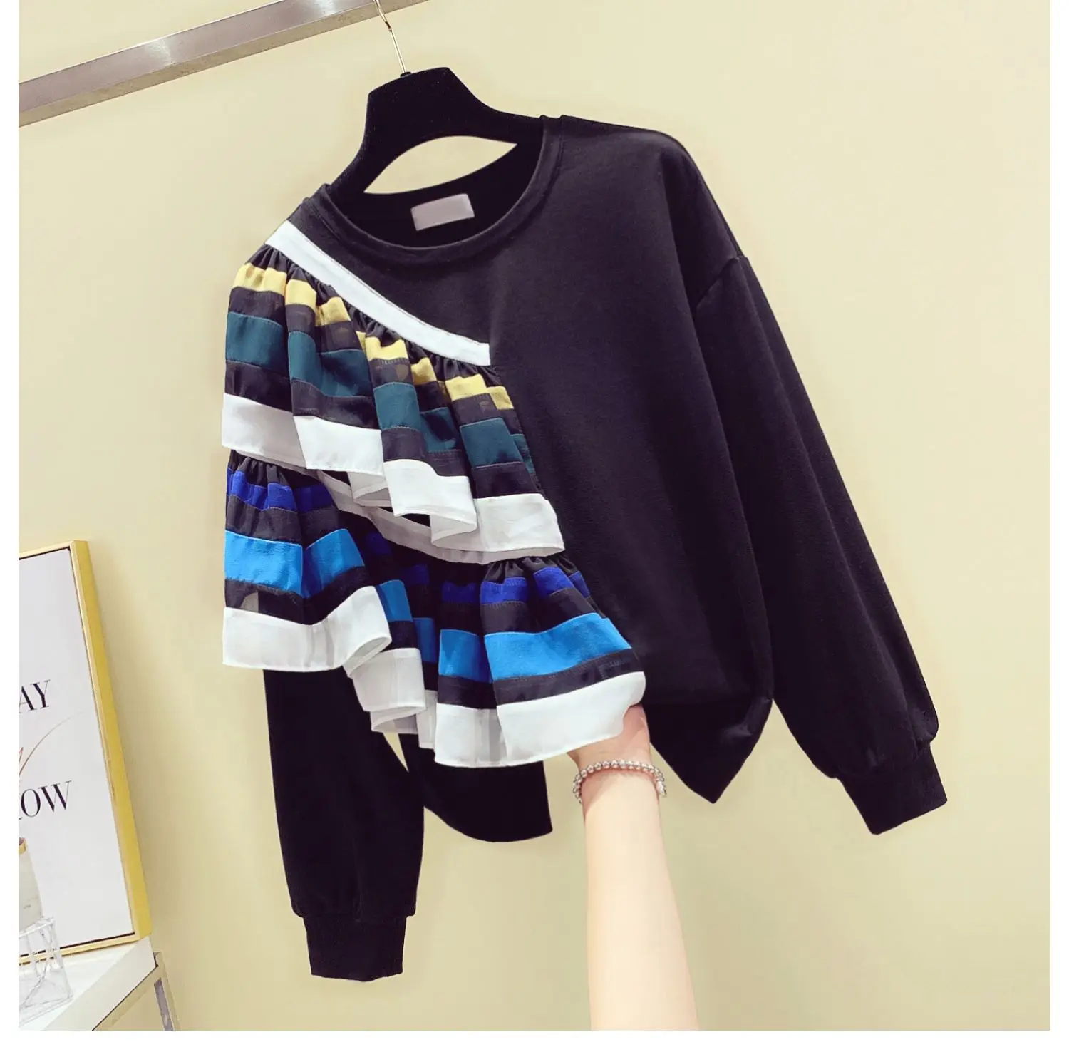 black sweatshirt Neploe, Осень-зима, Harajuku, спортивный костюм для женщин, пуловер, худи, свободный женский полосатый свитер с оборками, Корейская одежда - Цвет: black sweatshirt