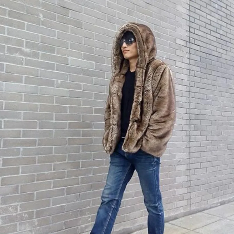 Top Brand Vogue Mens Fashion Faux Rabbit Fur Coat Thicken Cotton Padded Hooded Duffel/Toggle Winter Parka For Man Male Coats | Мужская