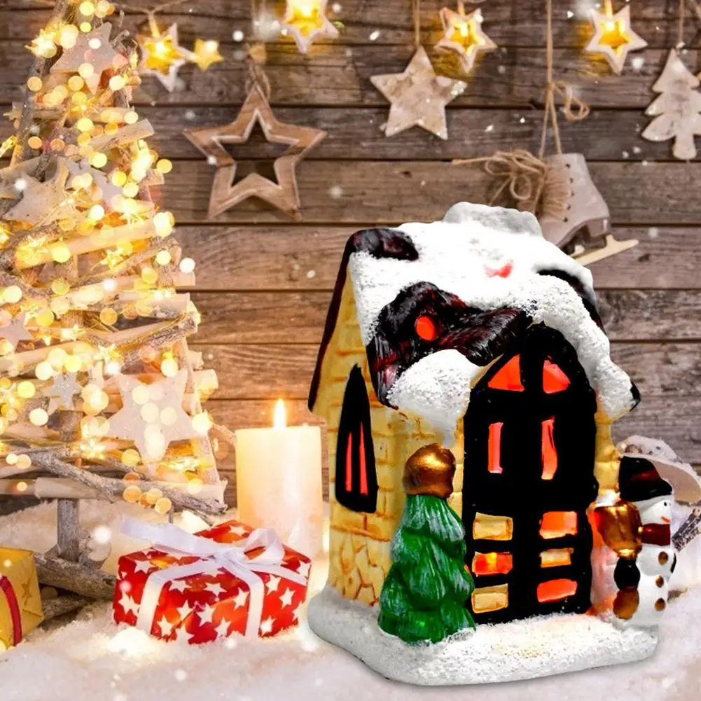 2021 Miniature Figurines Cute Dreamy Snow Scene Cottage House With Light Christmas Desk Ornament Accessories Craetive Toy Gift | Дом и сад
